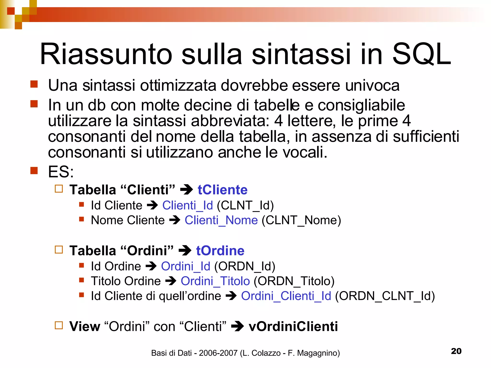 Riassunto sulla sintassi in SQL Una sintassi ottimizzata dovrebbe essere univoca  In un db con molte decine di tabelle e consigliabile utilizzare la sintassi abbreviata: 4 lettere, le prime 4 consonanti del nome della tabella, in assenza di sufficienti consonanti si utilizzano anche le vocali. ES: Tabella “Clienti”     tCliente Id Cliente     Clienti_Id  (CLNT_Id) Nome Cliente     Clienti_Nome  (CLNT_Nome) Tabella “Ordini”     tOrdine Id Ordine     Ordini_Id  (ORDN_Id) Titolo Ordine     Ordini_Titolo  (ORDN_Titolo) Id Cliente di quell’ordine     Ordini_Clienti_Id  (ORDN_CLNT_Id) View  “Ordini” con “Clienti”     vOrdiniClienti 