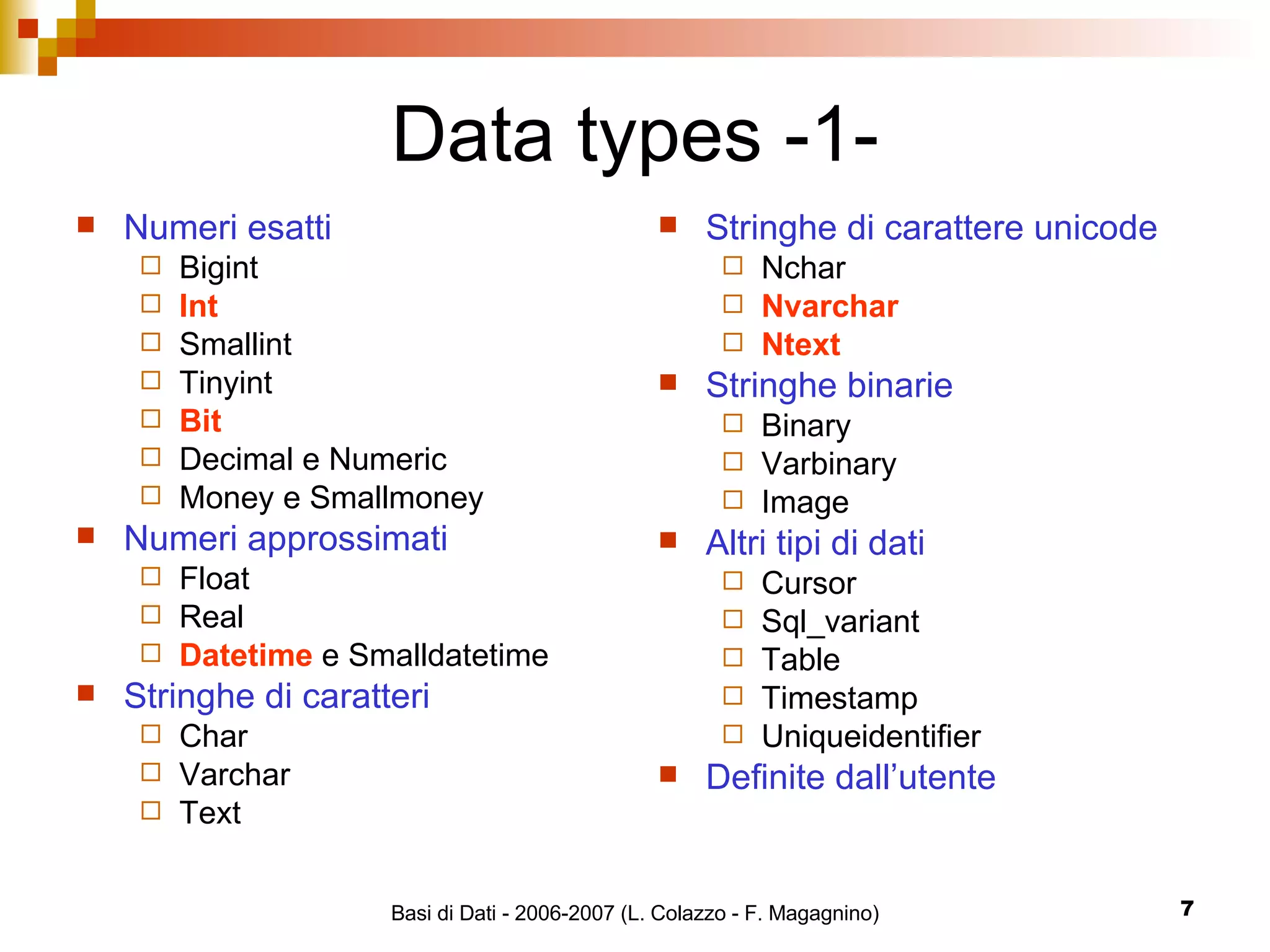 Data types -1- Numeri esatti Bigint Int Smallint Tinyint Bit Decimal e Numeric Money e Smallmoney Numeri approssimati Float Real Datetime  e Smalldatetime Stringhe di caratteri Char Varchar Text Stringhe di carattere unicode Nchar Nvarchar Ntext Stringhe binarie Binary Varbinary Image Altri tipi di dati Cursor Sql_variant Table Timestamp Uniqueidentifier Definite dall’utente 