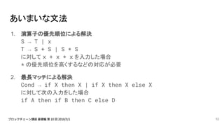 あいまいな文法
1. 演算子の優先順位による解決
S → T | x
T → S + S | S * S
に対して x + x * x を入力した場合　
* の優先順位を高くするなどの対応が必要
2. 最長マッチによる解決
Cond → if X then X | if X then X else X
に対して次の入力をした場合
if A then if B then C else D
12
 