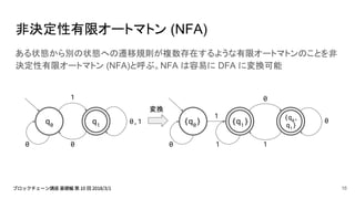 非決定性有限オートマトン (NFA)
ある状態から別の状態への遷移規則が複数存在するような有限オートマトンのことを非
決定性有限オートマトン (NFA)と呼ぶ。NFA は容易に DFA に変換可能
q1
1
q0
0
0,1
0 0
0
1
0
16
1
{q0
} {q1
}
{q0
,
q1
}
変換
1
 