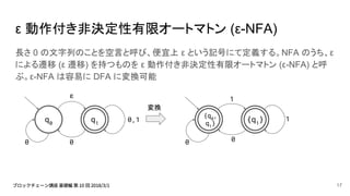 1
ε 動作付き非決定性有限オートマトン (ε-NFA)
長さ 0 の文字列のことを空言と呼び、便宜上 ε という記号にて定義する。NFA のうち、ε
による遷移 (ε 遷移) を持つものを ε 動作付き非決定性有限オートマトン (ε-NFA) と呼
ぶ。ε-NFA は容易に DFA に変換可能
q1
ε
q0
0
0,1
0 0
17
{q1
}
変換
{q0
,
q1
}
1
0
 