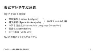 形式言語を学ぶ意義
コンパイラの手順には
● 字句解析 (Lexical Analysis)
● 構文解析 (Syntactic Analysis)
● 中間言語生成 (Intermediate Language Generation)
● 最適化 (Optimization)
● コード出力 (Code Emit)
などの複数のプロセスが存在する
形式言語がかかわる分野
4
 
