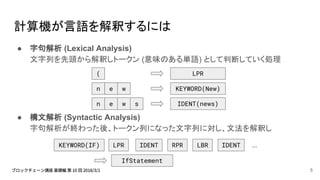 計算機が言語を解釈するには
● 字句解析 (Lexical Analysis)
文字列を先頭から解釈しトークン (意味のある単語) として判断していく処理
● 構文解析 (Syntactic Analysis)
字句解析が終わった後、トークン列になった文字列に対し、文法を解釈し
n e w KEYWORD(New)
n e w IDENT(news)s
KEYWORD(IF) LPR IDENT RPR LBR
IfStatement
...
( LPR
5
IDENT
 