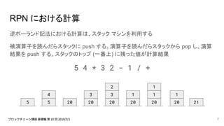 RPN における計算
逆ポーランド記法における計算は、スタック マシンを利用する
被演算子を読んだらスタックに push する。演算子を読んだらスタックから pop し、演算
結果を push する。スタックのトップ (一番上) に残った値が計算結果
5 4 * 3 2 - 1 / +
5 5
4
20 20
3
20
3
2
20
1
20
1
1
20
1
21
7
 