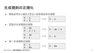 生成規則の正規化
● 開始記号から導出できない非終端記号の排除
● 空語の生成規則の排除
● 単一生成規則の排除
S → a
A → b
S → Ab
A → a | ε
S → a
S → ab | b
S → Ab
A → ε
S → b
S → A
A → Ba
S → Ba
11
 