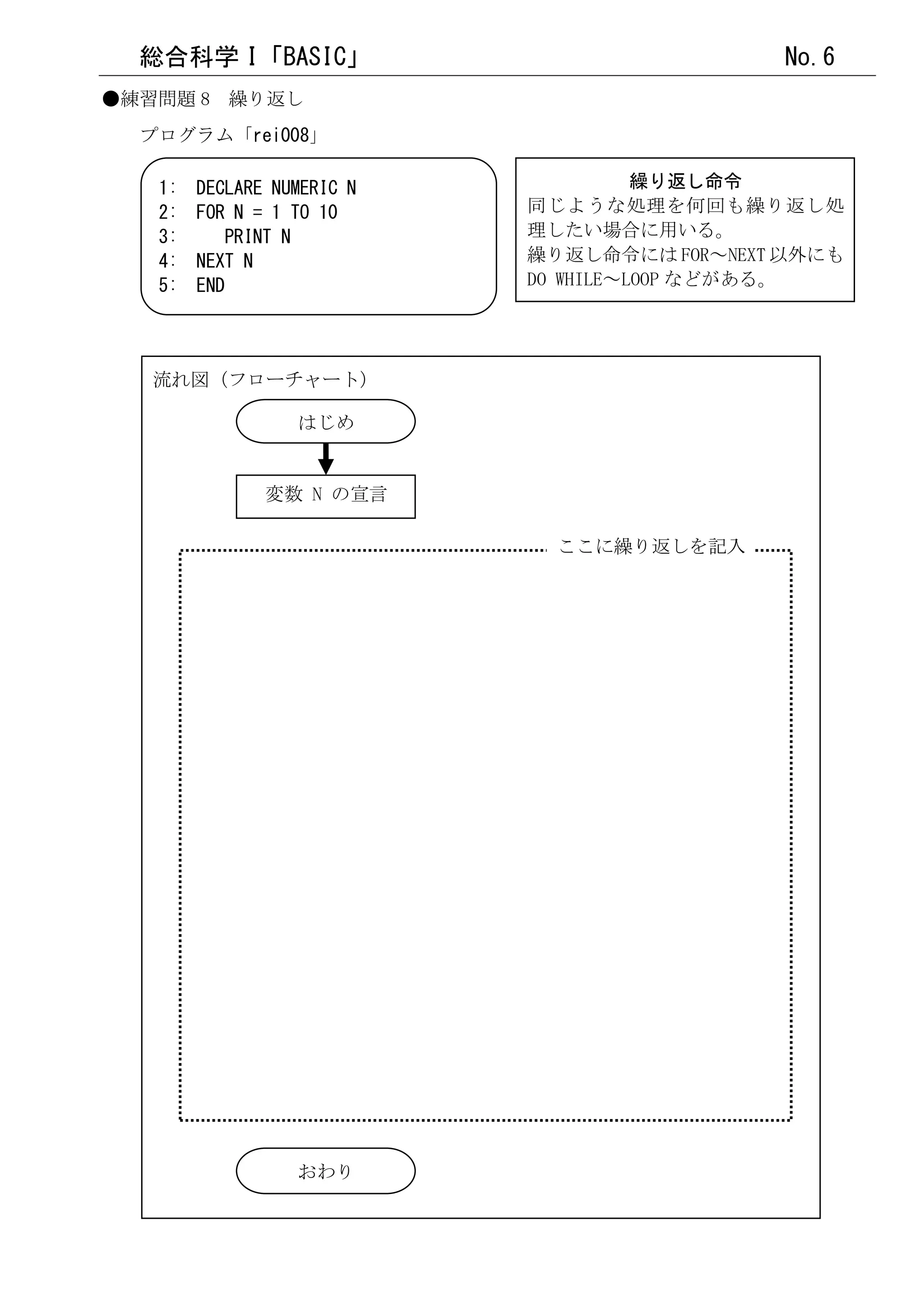 総合科学 I「BASIC」                              No.6
●練習問題 8 繰り返し
  プログラム「rei008」

   1:   DECLARE NUMERIC N             繰り返し命令
   2:   FOR N = 1 TO 10     同じような処理を何回も繰り返し処
   3:      PRINT N          理したい場合に用いる。
   4:   NEXT N              繰り返し命令には FOR～NEXT 以外にも
   5:   END                 DO WHILE～LOOP などがある。




   流れ図（フローチャート）

                  はじめ


               変数 N の宣言

                              ここに繰り返しを記入




                  おわり
 