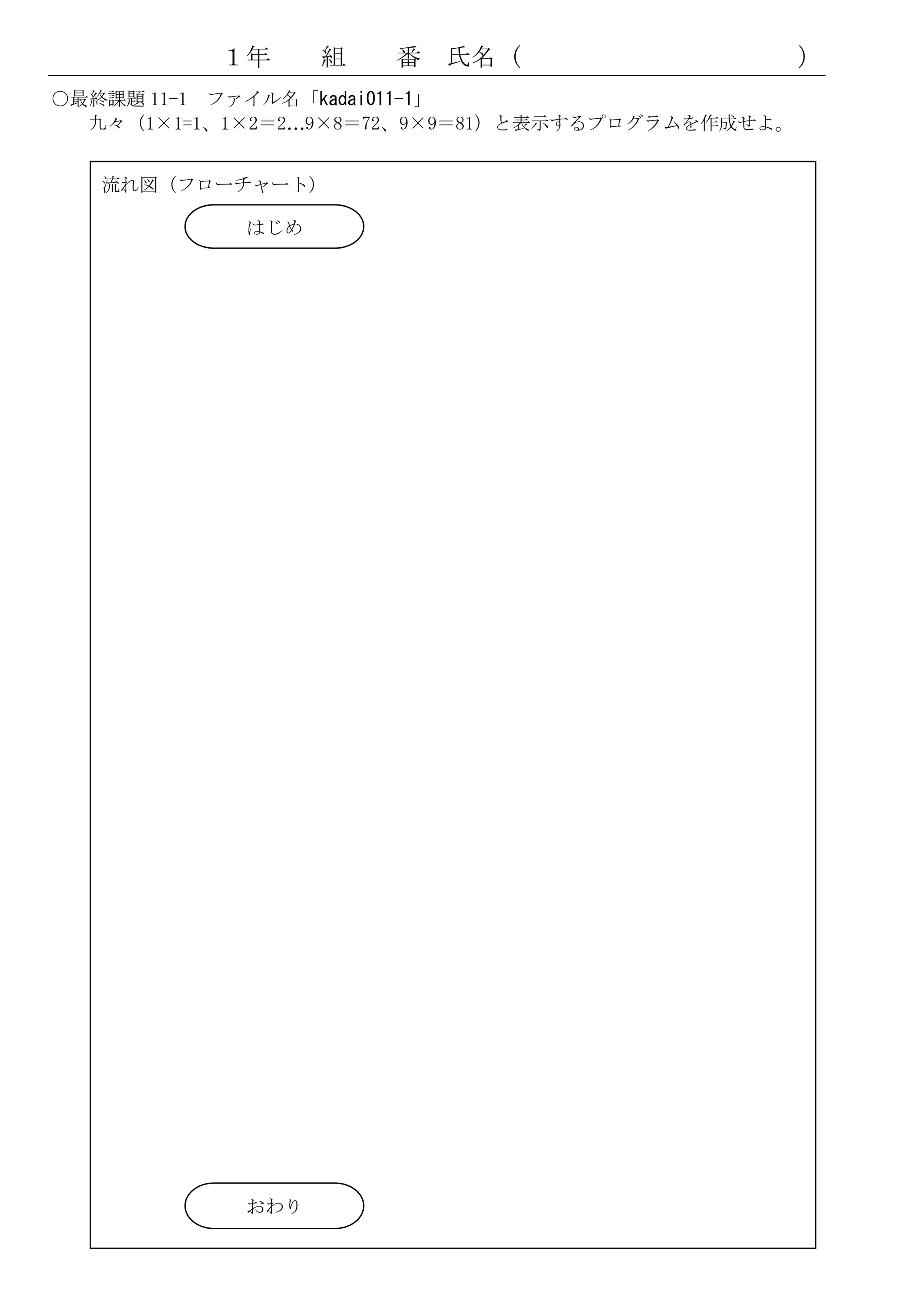 １年      組   番   氏名（                     ）
○最終課題 11-1 ファイル名「kadai011-1」
  九々（1×1=1、1×2＝2…9×8＝72、9×9＝81）と表示するプログラムを作成せよ。


   流れ図（フローチャート）

            はじめ




            おわり
 