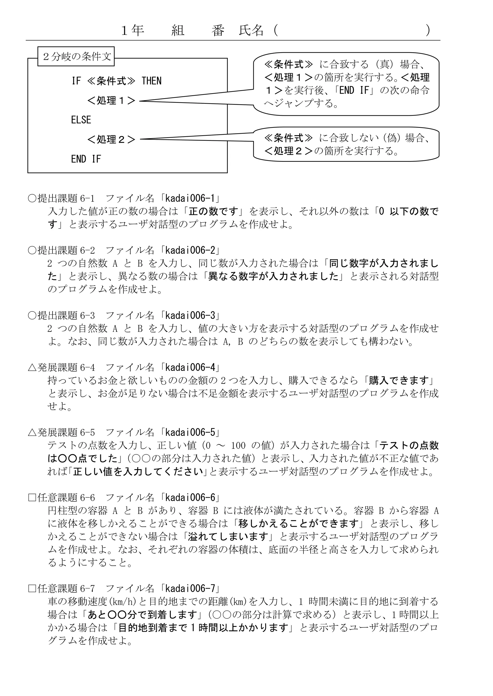 １年     組   番   氏名（                 ）
 ２分岐の条件文
                              ≪条件式≫ に合致する（真）場合、
     IF ≪条件式≫ THEN            ＜処理１＞の箇所を実行する。   ＜処理
                              １＞を実行後、「END IF」の次の命令
       ＜処理１＞                  へジャンプする。
     ELSE
       ＜処理２＞                  ≪条件式≫ に合致しない（偽）場合、
                              ＜処理２＞の箇所を実行する。
     END IF


○提出課題 6-1 ファイル名「kadai006-1」
  入力した値が正の数の場合は「正の数です」を表示し、それ以外の数は「0 以下の数で
  す」と表示するユーザ対話型のプログラムを作成せよ。

○提出課題 6-2 ファイル名「kadai006-2」
  2 つの自然数 A と B を入力し、同じ数が入力された場合は「同じ数字が入力されまし
  た」と表示し、異なる数の場合は「異なる数字が入力されました」と表示される対話型
  のプログラムを作成せよ。

○提出課題 6-3 ファイル名「kadai006-3」
  2 つの自然数 A と B を入力し、値の大きい方を表示する対話型のプログラムを作成せ
  よ。なお、同じ数が入力された場合は A, B のどちらの数を表示しても構わない。

△発展課題 6-4 ファイル名「kadai006-4」
  持っているお金と欲しいものの金額の 2 つを入力し、購入できるなら「購入できます」
  と表示し、お金が足りない場合は不足金額を表示するユーザ対話型のプログラムを作成
  せよ。

△発展課題 6-5 ファイル名「kadai006-5」
  テストの点数を入力し、正しい値（0 ～ 100 の値）が入力された場合は「テストの点数
  は○○点でした」  （○○の部分は入力された値）と表示し、入力された値が不正な値であ
  れば「正しい値を入力してください」      と表示するユーザ対話型のプログラムを作成せよ。

□任意課題 6-6 ファイル名「kadai006-6」
  円柱型の容器 A と B があり、容器 B には液体が満たされている。容器 B から容器 A
  に液体を移しかえることができる場合は「移しかえることができます」と表示し、移し
  かえることができない場合は「溢れてしまいます」と表示するユーザ対話型のプログラ
  ムを作成せよ。なお、それぞれの容器の体積は、底面の半径と高さを入力して求められ
  るようにすること。

□任意課題 6-7 ファイル名「kadai006-7」
  車の移動速度(km/h)と目的地までの距離(km)を入力し、1 時間未満に目的地に到着する
  場合は「あと○○分で到着します」     （○○の部分は計算で求める）と表示し、1 時間以上
  かかる場合は「目的地到着まで 1 時間以上かかります」と表示するユーザ対話型のプロ
  グラムを作成せよ。
 