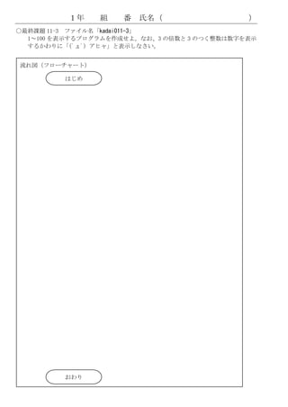 １年    組    番   氏名（                 ）
○最終課題 11-3 ファイル名「kadai011-3」
  1～100 を表示するプログラムを作成せよ。なお、3 の倍数と 3 のつく整数は数字を表示
  するかわりに「  （ﾟдﾟ）アヒャ」と表示しなさい。


流れ図（フローチャート）

         はじめ




         おわり
 