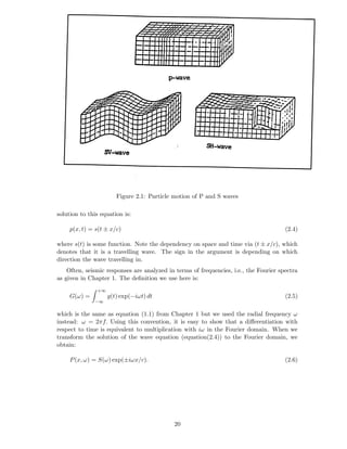 Figure 2.1: Particle motion of P and S waves

solution to this equation is:

     p(x, t) = s(t ± x/c)                                                              (2.4)

where s(t) is some function. Note the dependency on space and time via (t ± x/c), which
denotes that it is a travelling wave. The sign in the argument is depending on which
direction the wave travelling in.
    Often, seismic responses are analyzed in terms of frequencies, i.e., the Fourier spectra
as given in Chapter 1. The deﬁnition we use here is:
               +∞
     G(ω) =         g(t) exp(−iωt) dt                                                  (2.5)
              −∞

which is the same as equation (1.1) from Chapter 1 but we used the radial frequency ω
instead: ω = 2πf. Using this convention, it is easy to show that a diﬀerentiation with
respect to time is equivalent to multiplication with iω in the Fourier domain. When we
transform the solution of the wave equation (equation(2.4)) to the Fourier domain, we
obtain:

     P (x, ω) = S(ω) exp(±iωx/c).                                                      (2.6)




                                            20
 