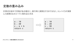 定数の畳み込み
計算式の途中で定数がある場合に、実行時に演算を行うのではなく、コンパイラが演算
した結果を出力コードに埋め込む方式
a ← 10
b ← 20
c ← a + b
return c
14
a ← 10
b ← 20
c ← 30
return c
 