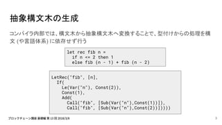 抽象構文木の生成
コンパイラ内部では、構文木から抽象構文木へ変換することで、型付けからの処理を構
文 (や言語体系) に依存せず行う
let rec fib n =
if n <= 2 then 1
else fib (n - 1) + fib (n - 2)
LetRec("fib", [n],
If(
Le(Var("n"), Const(2)),
Const(1),
Add(
Call("fib", [Sub(Var("n"),Const(1))]),
Call("fib", [Sub(Var("n"),Const(2))]))))
3
 
