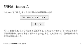 型推論 - let rec 文
let rec 文では E1
中に I の出現がある可能性がある
先に I を型 α としてみなす型環境を追加する。E1
の型の評価では、I:α の型環境で
評価が行われ、その結果を α と同一化 (unify) する。E2
の評価では、型が記載された
型環境が用いられる
let rec I = E1
in E2
I : α
9
 