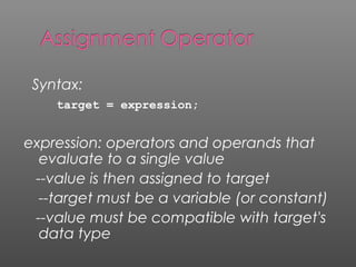 Syntax:
target = expression;
expression: operators and operands that
evaluate to a single value
--value is then assigned to target
--target must be a variable (or constant)
--value must be compatible with target's
data type
 