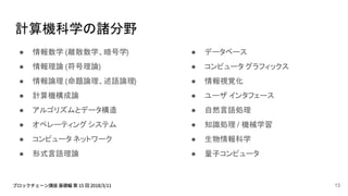 計算機科学の諸分野
● 情報数学 (離散数学、暗号学)
● 情報理論 (符号理論)
● 情報論理 (命題論理、述語論理)
● 計算機構成論
● アルゴリズムとデータ構造
● オペレーティング システム
● コンピュータ ネットワーク
● 形式言語理論
● データベース
● コンピュータ グラフィックス
● 情報視覚化
● ユーザ インタフェース
● 自然言語処理
● 知識処理 / 機械学習
● 生物情報科学
● 量子コンピュータ
13
 