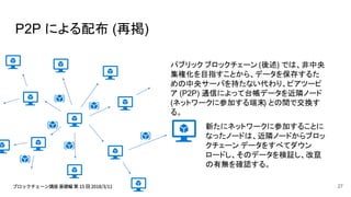 P2P による配布 (再掲)
パブリック ブロックチェーン (後述) では、非中央
集権化を目指すことから、データを保存するた
めの中央サーバを持たない代わり、ピアツーピ
ア (P2P) 通信によって台帳データを近隣ノード
(ネットワークに参加する端末) との間で交換す
る。
新たにネットワークに参加することに
なったノードは、近隣ノードからブロッ
クチェーン データをすべてダウン
ロードし、そのデータを検証し、改竄
の有無を確認する。
27
 