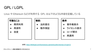 GPL / LGPL
Linux や Ethereum などが利用する GPL は以下のような内容を記載している
可能なこと
● 商用利用
● 再頒布
● 改変
制約
● 法的責任
● 動作保証
条件
● 著作権表示
● ライセンス表示
● コード開示
● 再適用
参考: https://tldrlegal.com/license/gnu-general-public-license-v3-(gpl-3)
7
 