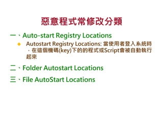 惡意程式常修改分類
一、Auto-start Registry Locations
 Autostart Registry Locations: 當使用者登入系統時
，在這個機碼(key)下的的程式或Script會被自動執行
起來
二、Folder Autostart Locations
三、File AutoStart Locations
 