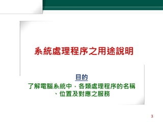 Kaspersky Labs 6ht Annual Partner Conference ·Turkey, June 2-6 2004Kaspersky Labs 6th Annual Partner Conference ·Turkey, 2-6 June 2004
系統處理程序之用途說明
目的
了解電腦系統中，各類處理程序的名稱
、位置及對應之服務
3
 