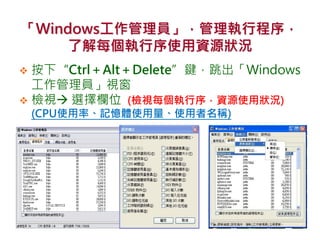 「Windows工作管理員」，管理執行程序，
了解每個執行序使用資源狀況
 按下“Ctrl＋Alt＋Delete”鍵，跳出「Windows
工作管理員」視窗
 檢視 選擇欄位 (檢視每個執行序，資源使用狀況)
(CPU使用率、記憶體使用量、使用者名稱)
 