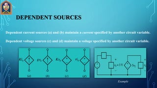 DEPENDENT SOURCES
Dependent current sources (a) and (b) maintain a current specified by another circuit variable.
Dependent voltage sources (c) and (d) maintain a voltage specified by another circuit variable.
Example
 