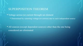 SUPERPOSITION THEOREM
• Voltage across (or current through) an element
• Determined by summing voltage (or current) due to each independent source
• All sources (except dependent sources) other than the one being
considered are eliminated
 