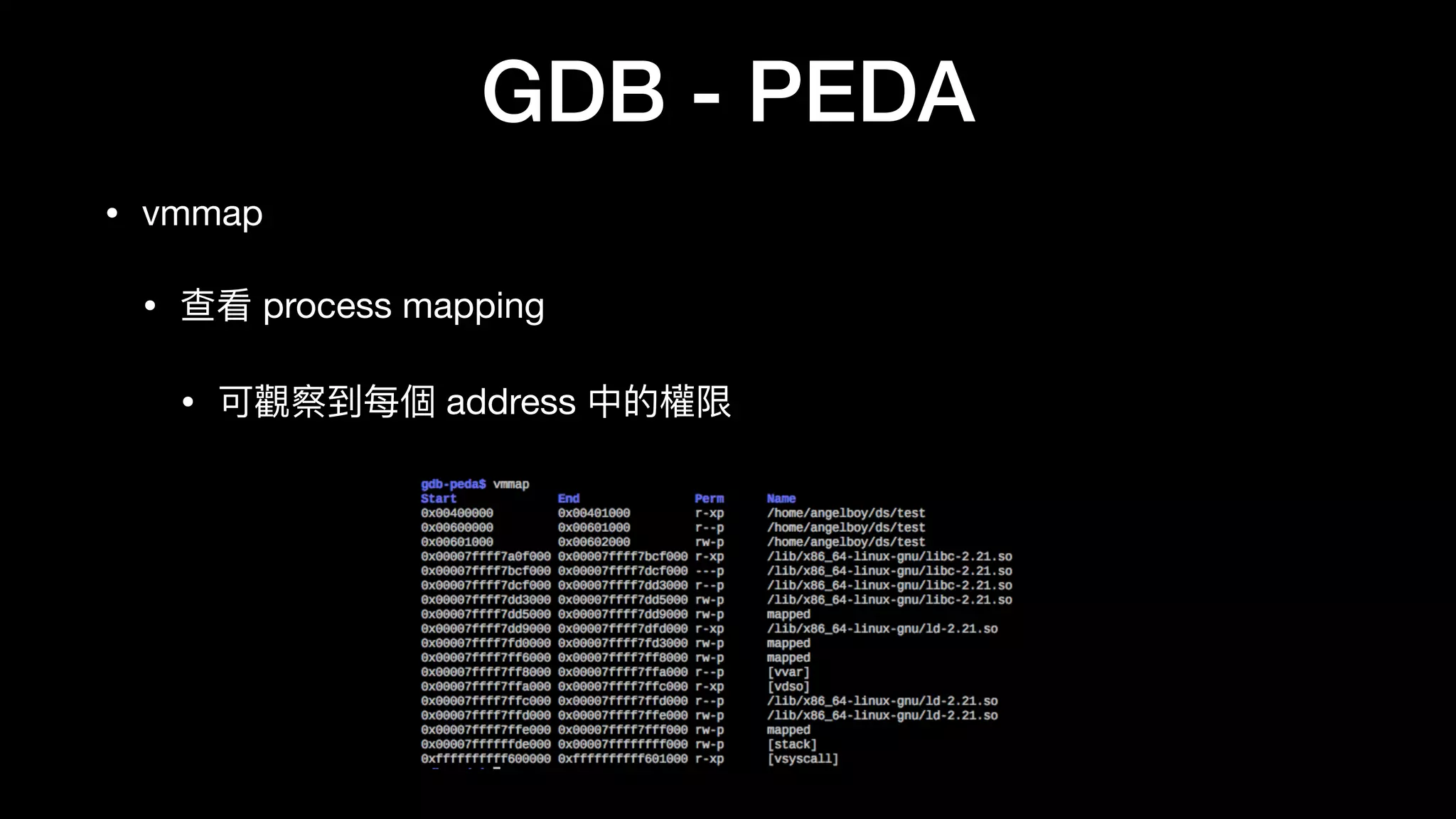 GDB - PEDA
• vmmap

• 查看 process mapping

• 可觀察到每個 address 中的權限
 