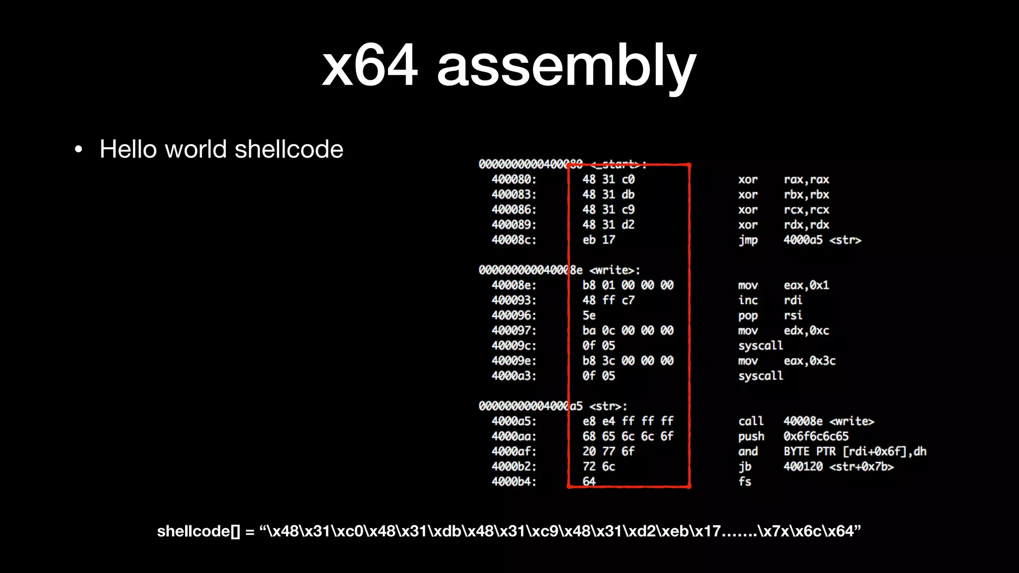 • Hello world shellcode
x64 assembly
shellcode[] = “x48x31xc0x48x31xdbx48x31xc9x48x31xd2xebx17…….x7xx6cx64”
 