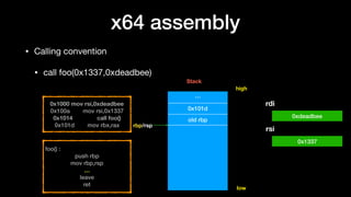 x64 assembly
• Calling convention

• call foo(0x1337,0xdeadbee)
0x1000 mov rsi,0xdeadbee
0x100a mov rsi,0x1337
0x1014 call foo()
0x101d mov rbx,rax
…
0x101d
old rbp
rbp/rsp
high
low
foo() :
push rbp
mov rbp,rsp
…
leave
ret
rdi
rsi
0xdeadbee
0x1337
Stack
 