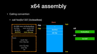x64 assembly
• Calling convention

• call foo(0x1337,0xdeadbee)
0x1000 mov rsi,0xdeadbee
0x100a mov rsi,0x1337
0x1014 call foo()
0x101d mov rbx,rax
…
0x101d
old rbp
rsp
high
low
foo() :
push rbp
mov rbp,rsp
…
mov rsp,rbp
pop rbp
ret
rdi
rsi
0xdeadbee
0x1337
Stack
rbp
 