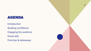 AGENDA
Introduction
Building confidence
Engaging the audience
Visual aids
Final tips & takeaways
2
 