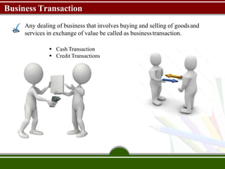 Business Transaction
Any dealing of business that involves buying and selling of goodsand
services in exchange of value be called as businesstransaction.
 Cash Transaction
 Credit Transactions
 