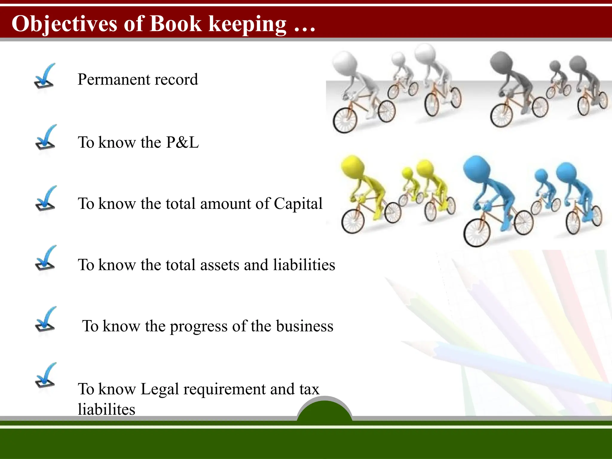Objectives of Book keeping …
Permanent record
To know the P&L
To know the total amount of Capital
To know the total assets and liabilities
To know the progress of the business
To know Legal requirement and tax
liabilites
 