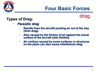 Four Basic Forces
                                        drag
Types of Drag:
   v Parasitic drag
      v Results from the aircraft pushing air out of the way
        (form drag).
      v Also caused by the friction of air against the actual
        surface of the aircraft (skin friction).
      v Air vortices caused by some surfaces or structures
        on the plane can also cause interference drag.




                                                                12
 