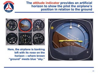 The attitude indicator provides an artificial
                 horizon to show the pilot the airplane’s
                        position in relation to the ground




Here, the airplane is banking
     left with its nose on the
     horizon —where brown
 “ground” meets blue “sky.”



                                                              23
 