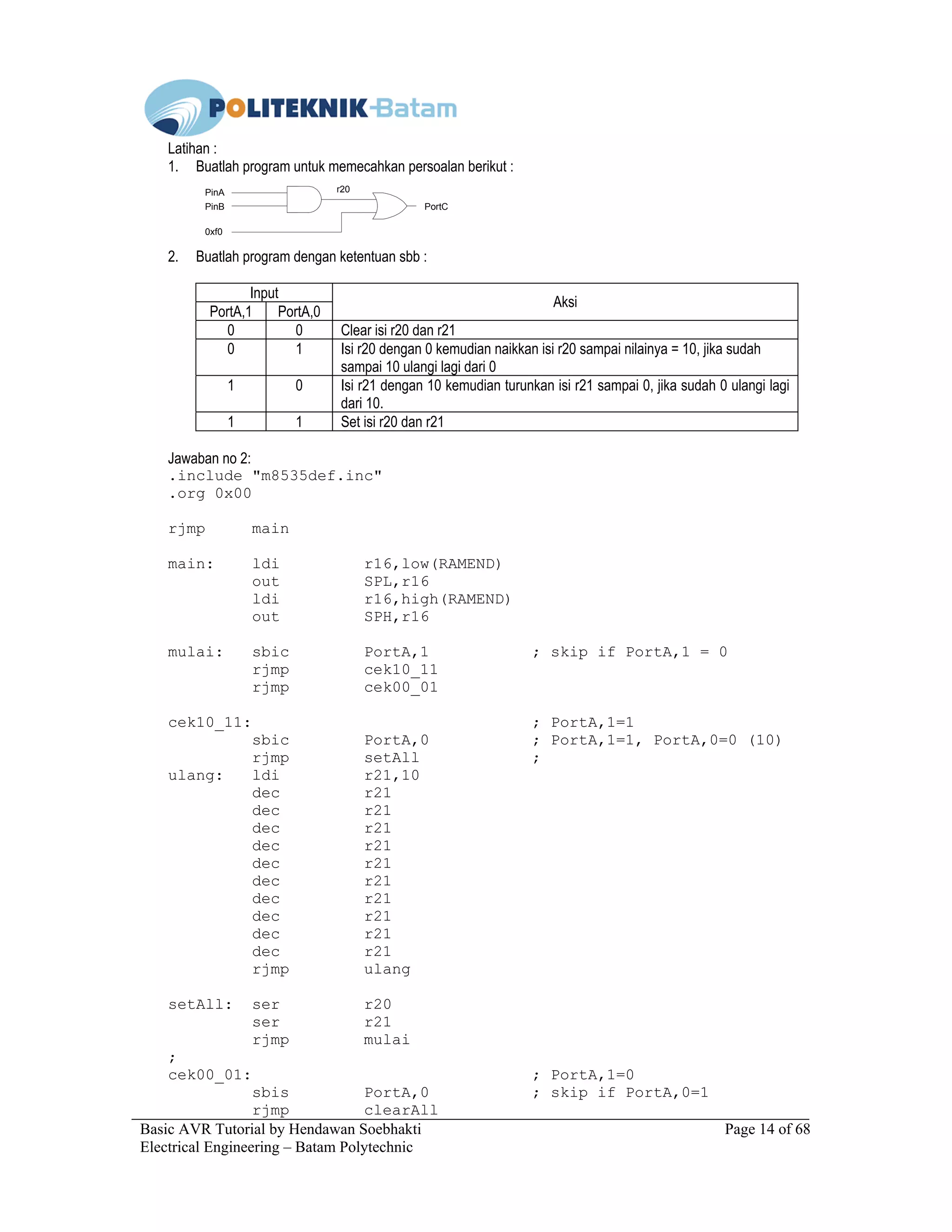 Basic AVR Tutorial by Hendawan Soebhakti Page 14 of 68
Electrical Engineering – Batam Polytechnic
Latihan :
1. Buatlah program untuk memecahkan persoalan berikut :
PinA
0xf0
PinB PortC
r20
2. Buatlah program dengan ketentuan sbb :
Input
PortA,1 PortA,0
Aksi
0 0 Clear isi r20 dan r21
0 1 Isi r20 dengan 0 kemudian naikkan isi r20 sampai nilainya = 10, jika sudah
sampai 10 ulangi lagi dari 0
1 0 Isi r21 dengan 10 kemudian turunkan isi r21 sampai 0, jika sudah 0 ulangi lagi
dari 10.
1 1 Set isi r20 dan r21
Jawaban no 2:
.include "m8535def.inc"
.org 0x00
rjmp main
main: ldi r16,low(RAMEND)
out SPL,r16
ldi r16,high(RAMEND)
out SPH,r16
mulai: sbic PortA,1 ; skip if PortA,1 = 0
rjmp cek10_11
rjmp cek00_01
cek10_11: ; PortA,1=1
sbic PortA,0 ; PortA,1=1, PortA,0=0 (10)
rjmp setAll ;
ulang: ldi r21,10
dec r21
dec r21
dec r21
dec r21
dec r21
dec r21
dec r21
dec r21
dec r21
dec r21
rjmp ulang
setAll: ser r20
ser r21
rjmp mulai
;
cek00_01: ; PortA,1=0
sbis PortA,0 ; skip if PortA,0=1
rjmp clearAll
 