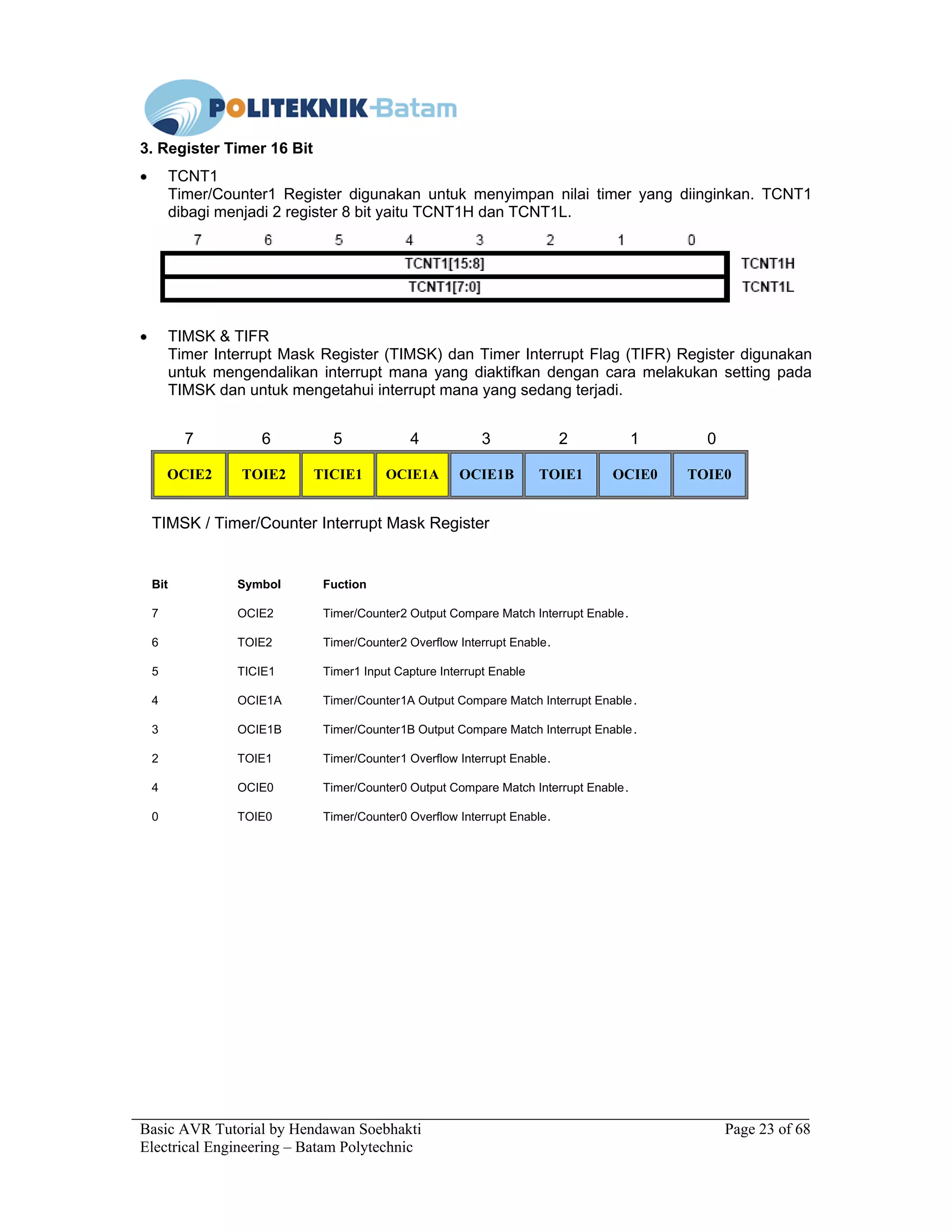 Basic AVR Tutorial by Hendawan Soebhakti Page 23 of 68
Electrical Engineering – Batam Polytechnic
3. Register Timer 16 Bit
• TCNT1
Timer/Counter1 Register digunakan untuk menyimpan nilai timer yang diinginkan. TCNT1
dibagi menjadi 2 register 8 bit yaitu TCNT1H dan TCNT1L.
• TIMSK & TIFR
Timer Interrupt Mask Register (TIMSK) dan Timer Interrupt Flag (TIFR) Register digunakan
untuk mengendalikan interrupt mana yang diaktifkan dengan cara melakukan setting pada
TIMSK dan untuk mengetahui interrupt mana yang sedang terjadi.
OCIE2 TOIE2 TICIE1 OCIE1A OCIE1B TOIE1 OCIE0 TOIE0
TIMSK / Timer/Counter Interrupt Mask Register
Bit Symbol Fuction
7 OCIE2 Timer/Counter2 Output Compare Match Interrupt Enable.
6 TOIE2 Timer/Counter2 Overflow Interrupt Enable.
5 TICIE1 Timer1 Input Capture Interrupt Enable
4 OCIE1A Timer/Counter1A Output Compare Match Interrupt Enable.
3 OCIE1B Timer/Counter1B Output Compare Match Interrupt Enable.
2 TOIE1 Timer/Counter1 Overflow Interrupt Enable.
4 OCIE0 Timer/Counter0 Output Compare Match Interrupt Enable.
0 TOIE0 Timer/Counter0 Overflow Interrupt Enable.
7 6 5 4 3 2 1 0
 