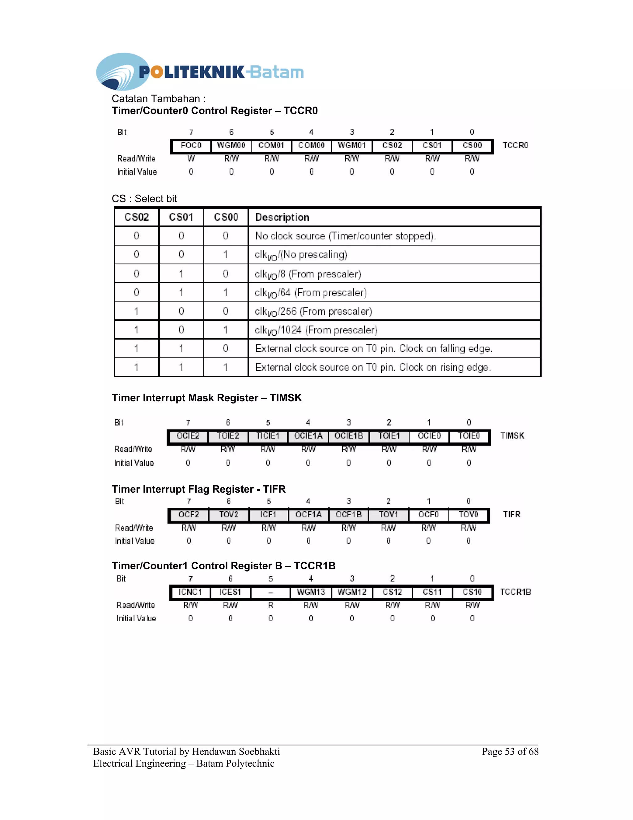 Basic AVR Tutorial by Hendawan Soebhakti Page 53 of 68
Electrical Engineering – Batam Polytechnic
Catatan Tambahan :
Timer/Counter0 Control Register – TCCR0
CS : Select bit
Timer Interrupt Mask Register – TIMSK
Timer Interrupt Flag Register - TIFR
Timer/Counter1 Control Register B – TCCR1B
 