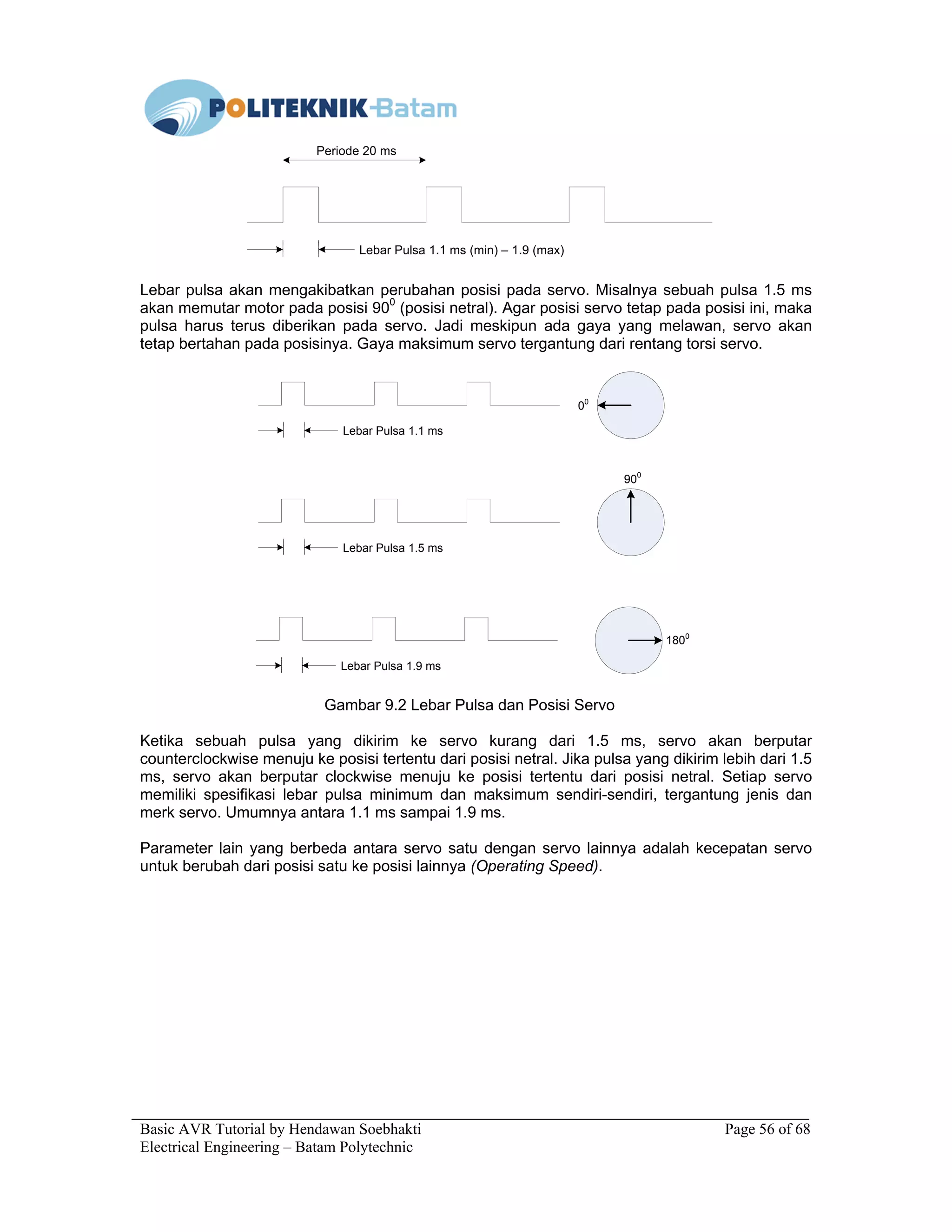 Basic AVR Tutorial by Hendawan Soebhakti Page 56 of 68
Electrical Engineering – Batam Polytechnic
Periode 20 ms
Lebar Pulsa 1.1 ms (min) – 1.9 (max)
Lebar pulsa akan mengakibatkan perubahan posisi pada servo. Misalnya sebuah pulsa 1.5 ms
akan memutar motor pada posisi 900
(posisi netral). Agar posisi servo tetap pada posisi ini, maka
pulsa harus terus diberikan pada servo. Jadi meskipun ada gaya yang melawan, servo akan
tetap bertahan pada posisinya. Gaya maksimum servo tergantung dari rentang torsi servo.
Lebar Pulsa 1.1 ms
00
Lebar Pulsa 1.5 ms
900
Lebar Pulsa 1.9 ms
1800
Gambar 9.2 Lebar Pulsa dan Posisi Servo
Ketika sebuah pulsa yang dikirim ke servo kurang dari 1.5 ms, servo akan berputar
counterclockwise menuju ke posisi tertentu dari posisi netral. Jika pulsa yang dikirim lebih dari 1.5
ms, servo akan berputar clockwise menuju ke posisi tertentu dari posisi netral. Setiap servo
memiliki spesifikasi lebar pulsa minimum dan maksimum sendiri-sendiri, tergantung jenis dan
merk servo. Umumnya antara 1.1 ms sampai 1.9 ms.
Parameter lain yang berbeda antara servo satu dengan servo lainnya adalah kecepatan servo
untuk berubah dari posisi satu ke posisi lainnya (Operating Speed).
 