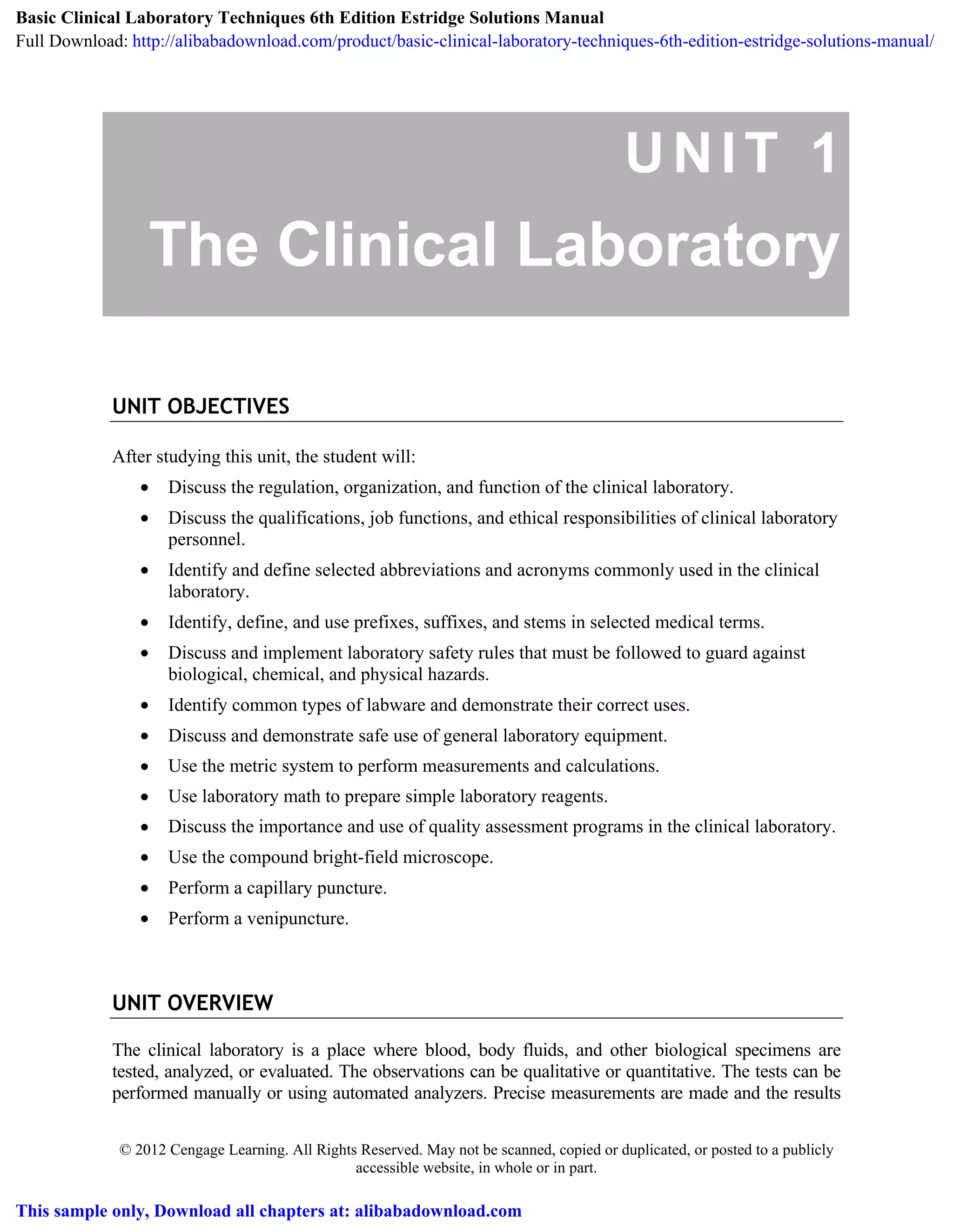 Basic Clinical Laboratory Techniques 6th Edition Estridge Solutions