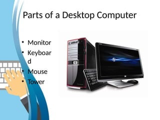 Parts of a Desktop Computer
• Monitor
• Keyboar
d
• Mouse
• Tower
 