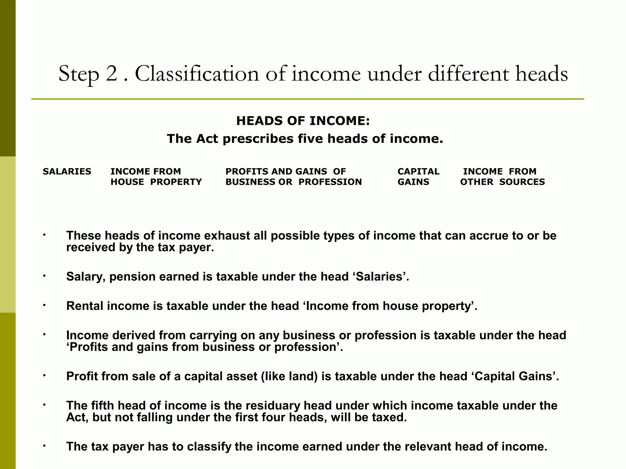 Step 2 . Classification of income under different heads
HEADS OF INCOME:
The Act prescribes five heads of income.
SALARIES INCOME FROM
HOUSE PROPERTY
PROFITS AND GAINS OF
BUSINESS OR PROFESSION
CAPITAL
GAINS
INCOME FROM
OTHER SOURCES
• These heads of income exhaust all possible types of income that can accrue to or be
received by the tax payer.
• Salary, pension earned is taxable under the head ‘Salaries’.
• Rental income is taxable under the head ‘Income from house property’.
• Income derived from carrying on any business or profession is taxable under the head
‘Profits and gains from business or profession’.
• Profit from sale of a capital asset (like land) is taxable under the head ‘Capital Gains’.
• The fifth head of income is the residuary head under which income taxable under the
Act, but not falling under the first four heads, will be taxed.
• The tax payer has to classify the income earned under the relevant head of income.
 