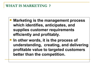WHAT IS MARKETING  ? <ul><li>Marketing is the management process which identifies, anticipates, and supplies customer requ...
