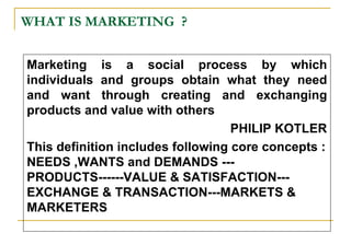 WHAT IS MARKETING  ? <ul><li>Marketing is a social process by which individuals and groups obtain what they need and want ...