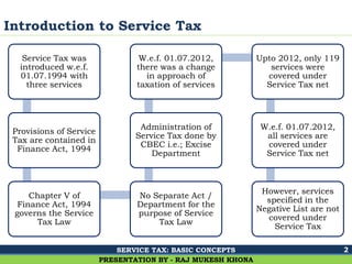 Ghalla & Bhansali, Chartered Accountants
Introduction to Service Tax
2
PRESENTATION BY - RAJ MUKESH KHONA
Service Tax was
introduced w.e.f.
01.07.1994 with
three services
Provisions of Service
Tax are contained in
Finance Act, 1994
Chapter V of
Finance Act, 1994
governs the Service
Tax Law
No Separate Act /
Department for the
purpose of Service
Tax Law
Administration of
Service Tax done by
CBEC i.e.; Excise
Department
W.e.f. 01.07.2012,
there was a change
in approach of
taxation of services
Upto 2012, only 119
services were
covered under
Service Tax net
W.e.f. 01.07.2012,
all services are
covered under
Service Tax net
However, services
specified in the
Negative List are not
covered under
Service Tax
SERVICE TAX: BASIC CONCEPTS
 