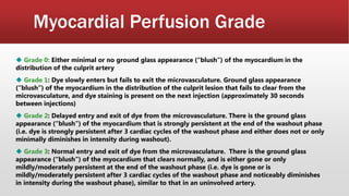 Myocardial Perfusion Grade
 Grade 0: Either minimal or no ground glass appearance (“blush”) of the myocardium in the
distribution of the culprit artery
 Grade 1: Dye slowly enters but fails to exit the microvasculature. Ground glass appearance
(“blush”) of the myocardium in the distribution of the culprit lesion that fails to clear from the
microvasculature, and dye staining is present on the next injection (approximately 30 seconds
between injections)
 Grade 2: Delayed entry and exit of dye from the microvasculature. There is the ground glass
appearance (“blush”) of the myocardium that is strongly persistent at the end of the washout phase
(i.e. dye is strongly persistent after 3 cardiac cycles of the washout phase and either does not or only
minimally diminishes in intensity during washout).
 Grade 3: Normal entry and exit of dye from the microvasculature. There is the ground glass
appearance (“blush”) of the myocardium that clears normally, and is either gone or only
mildly/moderately persistent at the end of the washout phase (i.e. dye is gone or is
mildly/moderately persistent after 3 cardiac cycles of the washout phase and noticeably diminishes
in intensity during the washout phase), similar to that in an uninvolved artery.
 