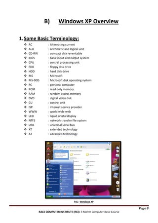 B)

Windows XP Overview

1. Some Basic Terminology:






















AC
ALU
CD-RW
BIOS
CPU
FDD
HDD
MS
MS-DOS
PC
ROM
RAM
DVD
CU
ISP
WWW
LCD
NTFS
USB
XT
AT

:
:
:
:
:
:
:
:
:
:
:
:
:
:
:
:
:
:
:
:
:

Alternating current
Arithmetic and logical unit
compact disk re-writable
basic input and output system
central processing unit
floppy disk drive
hard disk drive
Microsoft
Microsoft disk operating system
personal computer
read only memory
random access memory
digital video disk
control unit
internet service provider
world wide web
liquid crystal display
network transfer file system
universal serial bus
extended technology
advanced technology

FIG: Windows XP

Page 8
RACE COMPUTER INSTITUTE (RCI): 3 Month Computer Basic Course

 