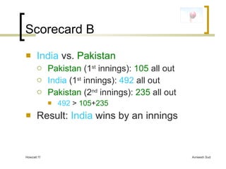 Scorecard B <ul><li>India  vs.  Pakistan </li></ul><ul><ul><li>Pakistan  (1 st  innings):  105  all out </li></ul></ul><ul...