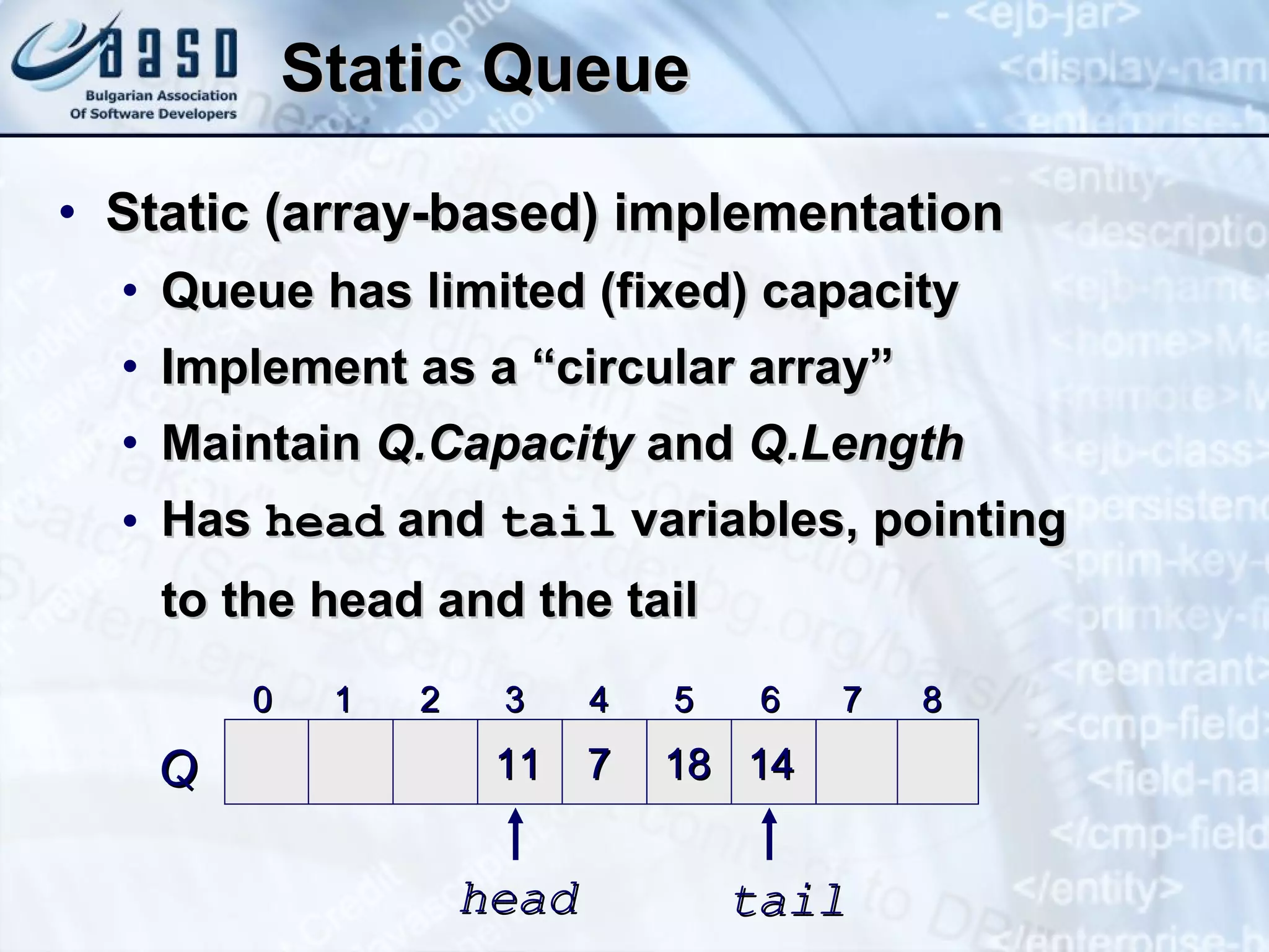 Static Queue Static (array-based) implementation Queue has limited (fixed) capacity Implement as a “circular array” Maintain  Q.Capacity  and  Q.Length Has  head  and  tail  variables, pointing to the head and the tail 0 1 2 3 4 5 6 7 8 11 7 18 14 Q head tail 