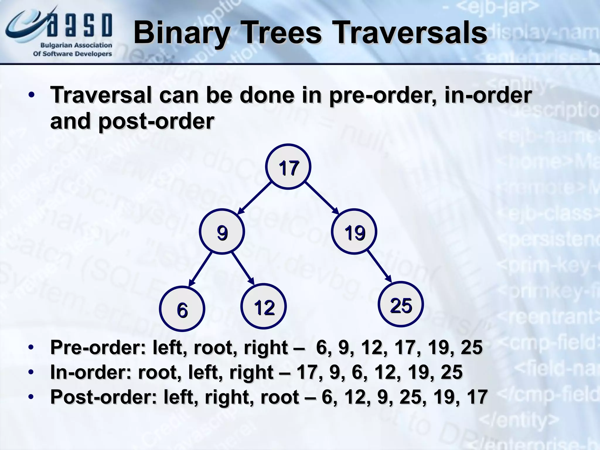 Binary Trees   Traversals Traversal can be done in pre-order, in-order and post-order Pre-order: left, root, right –  6, 9, 12, 17, 19, 25 In-order: root, left, right – 17, 9, 6, 12, 19, 25 Post-order: left, right, root – 6, 12, 9, 25, 19, 17 17 19 9 6 12 25 